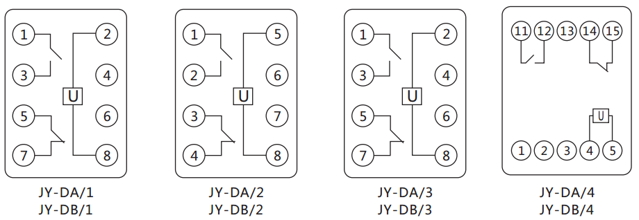 JY-DA/3集成电路直流电压继电器内部接线图及外引接线图（正视图）